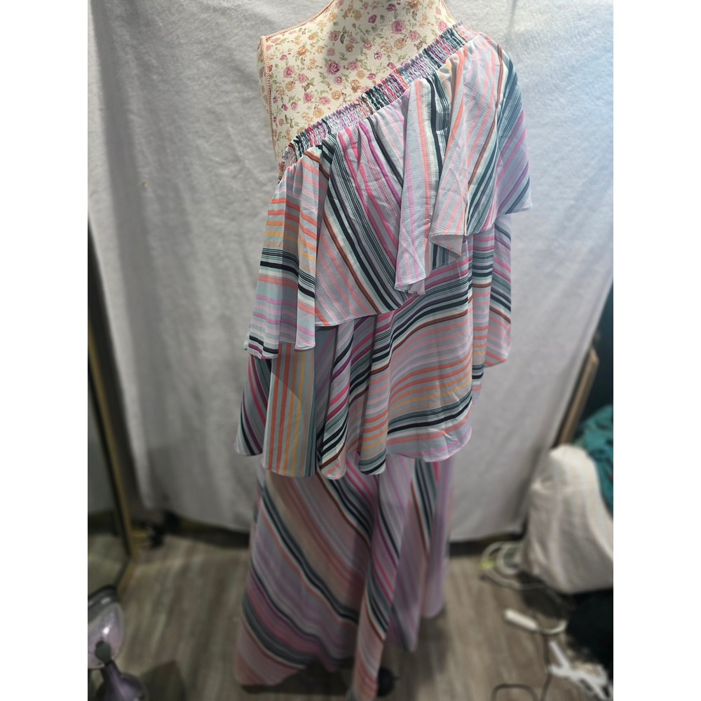 Anthropologie Striped One Shoulder Ruffle Tiered Maxi Dress Multi Color Boho - Picture 4 of 9
